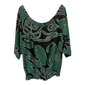 Wahine Toa Design Hawaiian Print Top Large Green Black